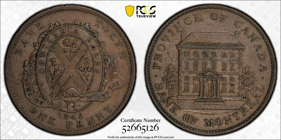 1842 Province of Canada one penny token PCGS AU53, PC-2B, Br-526 - Image 1 of 1