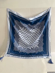 J. Crew 100% SIlk Square Scarf Blue Geometric Pattern Tassels NWT 25" x 25" - Picture 1 of 7