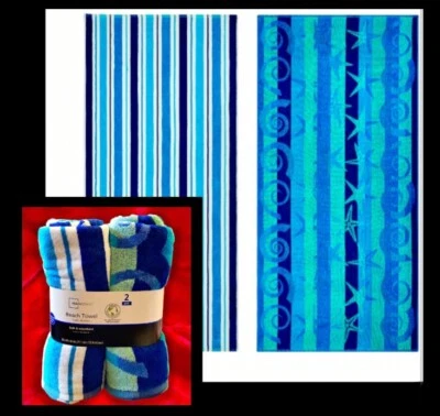 Paquete de 2 toallas de playa estampadas de 5 pies azul/verde, 84 % algodón, suaves/absorbentes, con lazo para colgar Foto 1 de 4