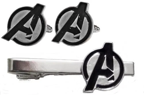 CONJUNTO DE CLIPE E ABOTOADURAS logotipo THE AVENGERS da Marvel Comics Silvertone - Imagem 1 de 1