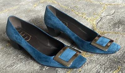 ROGER VIVIER⚡️"Belle" teal aqua blue suede gold buckle wood heel shoe 35.5/5.5US - Image 1 of 4