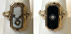 Vintage 14K Gold Carved Cameo/Onyx Reversible Flip Ring~Habile Diamonds~Sz. 7.5