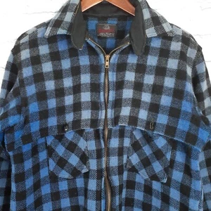 Vintage 50s Distressed Wool Full Zip Shacket Jacket Medium Blue Plaid Caped  - Picture 1 of 15