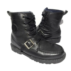 POLO Ralph Lauren Ranger HI II Combat Boots Boys Kids Size 3 Black Leather Shoes - Picture 1 of 9