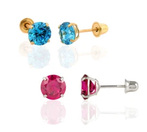 14K Gold Round Birthstone Stud Earrings with screw back - Picture 1 of 24