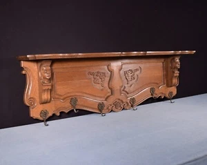 49" Vintage French Solid Oak Coat Rack Hall Tree Wood Shelf Brass Hooks w/Faces - Picture 1 of 13