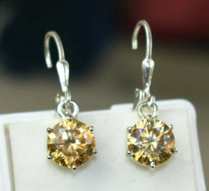 4 Ct Treated Certified Champagne Diamond Solitaire Dangler Earrings, 925 Silver - Picture 1 of 8
