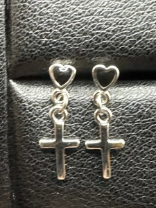 New Condition Onyx Heart Cross Dangle Earrings 925  - Picture 1 of 5
