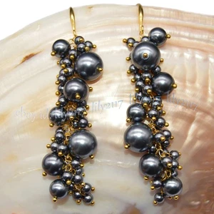 Pendientes colgantes redondos de 4-12 mm gris concha de perlas de imitación de perlas del Mar del Sur - Imagen 1 de 6