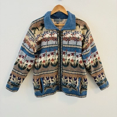 Jaqueta suéter feminina vintage islandesa design floral cênica lã tamanho M country - Imagem 1 de 4