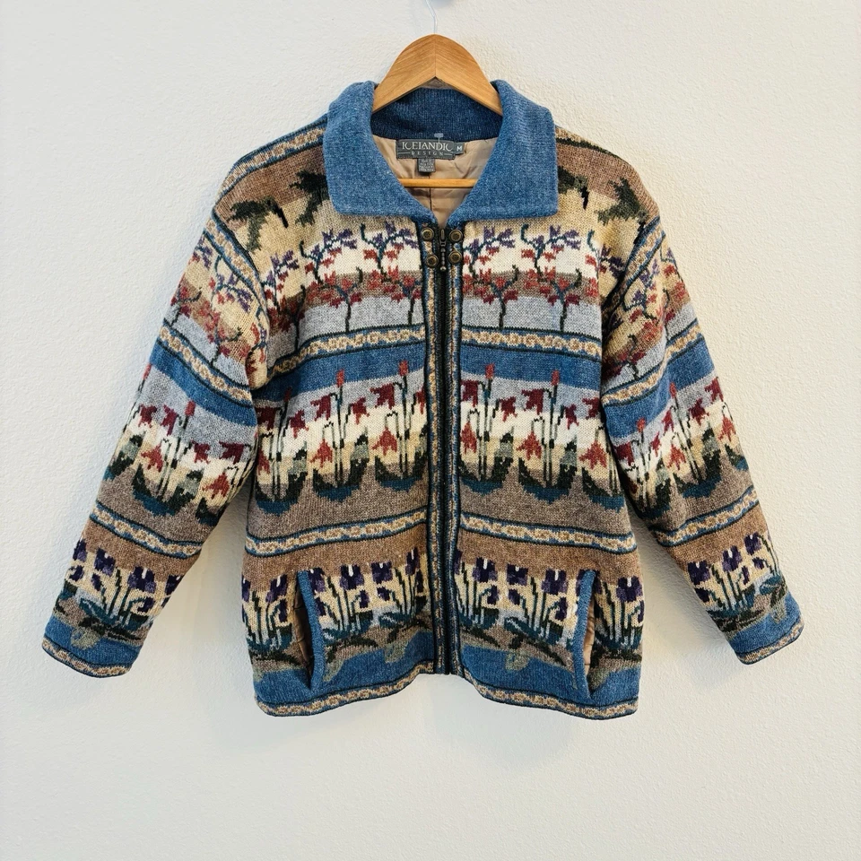 Vintage Icelandic Design Floral Scenic Wool Sweater Jacket Womens Size M Country - Image 1 of 4