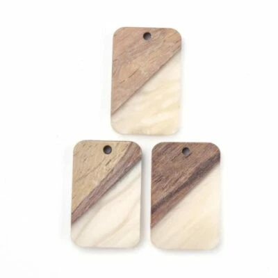 4 uds. Colgante plano rectangular de resina marfil y madera - 28 mm x 18 mm - 1,1′′ x 0,71′′ Foto 1 de 2