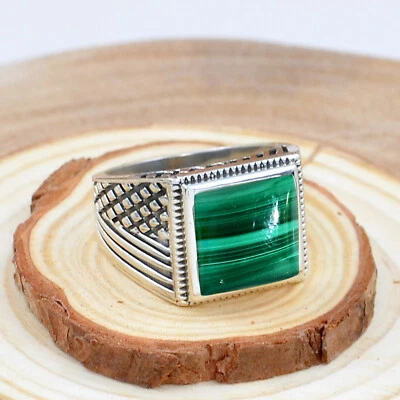 Natural Malachite Square Cut 925 Sterling Silver Handmade Men's Ring Jewelry - Image 1 of 3