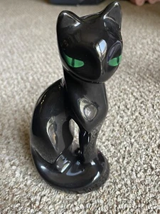 Vintage schwarze Keramik Katze Statue Figur grüne Augen 8 "hoch x ca. 3 1/2" breit - Bild 1 von 8