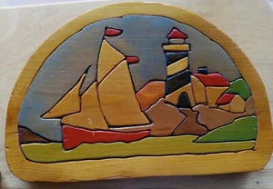 VINTAGE LIGHTHOUSE FOLK INLAID WOOD NAUTICAL SEASCAPE SAILBOAT CABIN DECOR 10" - Picture 1 of 7