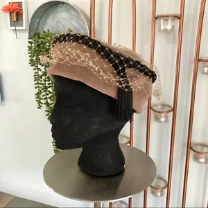 De colección Jo Lyn Original Elegancia Toque Red Marrón Lana Sombrero Negro Terciopelo Borde - Imagen 1 de 10