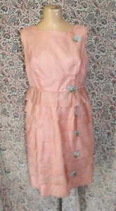 Vintage Ladies 1960s 1970s Tiered Pink Chiffon Cocktail Dress Size 14 Orig Label - Picture 1 of 7