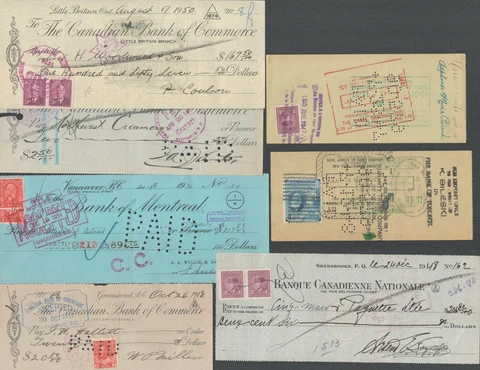Canada Seven [7] Checks with Postage Stamps Used as Revenue - Nice Variety Cover