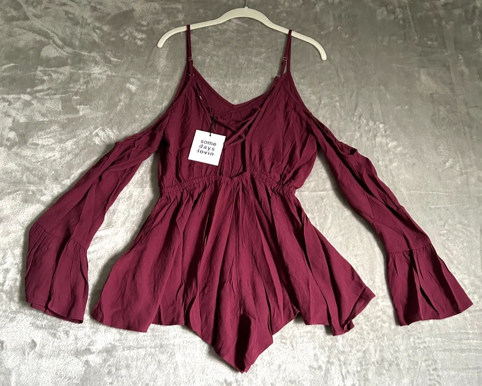Somedays Lovin Women’s L Wine Romper Spaghetti Strap Cold Shoulder NWT - Image 1 of 4