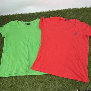 Polo Ralph Lauren Women's Short Sleeve Red V-Neck T-Shirt Lauren RL Shirt LARGE - Picture 1 of 10