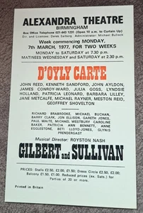 1977 D`Oyly Carte Opera Flyer Gilbert & Sullivan Alexandra Theatre Birmingham - Picture 1 of 2