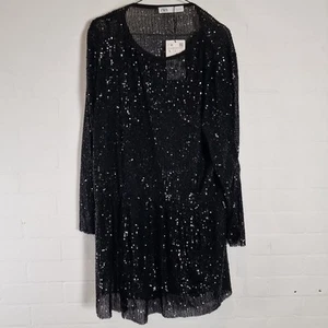 Zara Sequined Glitter Long-Sleeve Lined  Mini Dress Size L Uk 14-16 Black NWT - Picture 1 of 9