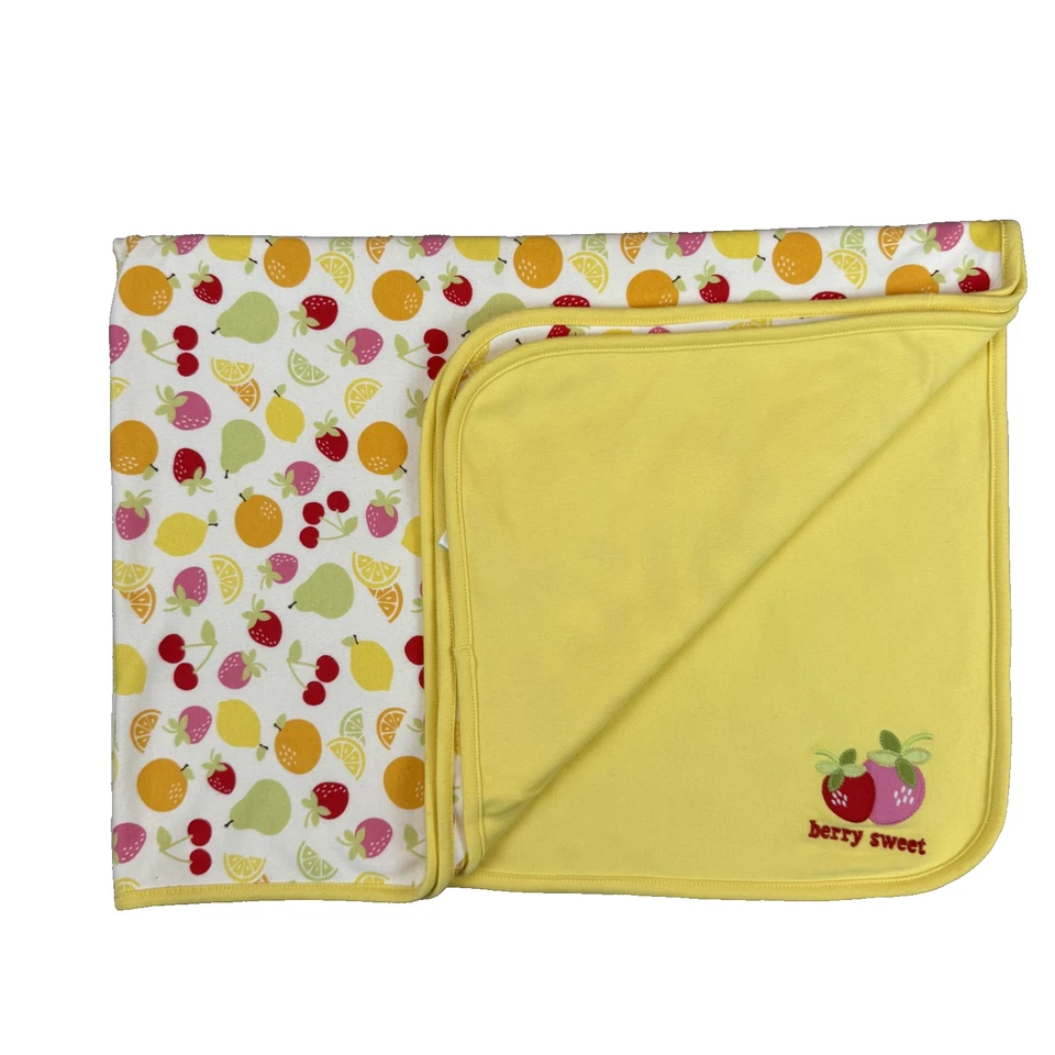 Cobertor de bebê vintage Gymboree amarelo baga doce morango 2008 estampa de frutas cereja - Imagem 1 de 4