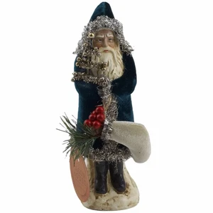 Figura de Papá Noel de terciopelo azul océano profundo Belsnickle primitivo papel maché 8" - Imagen 1 de 2