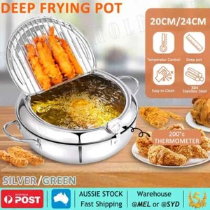 20/24cm Japanese Tempura Deep Frying Pot Fry Pan Thermometer Kitchen Fryer AU - Picture 1 of 17