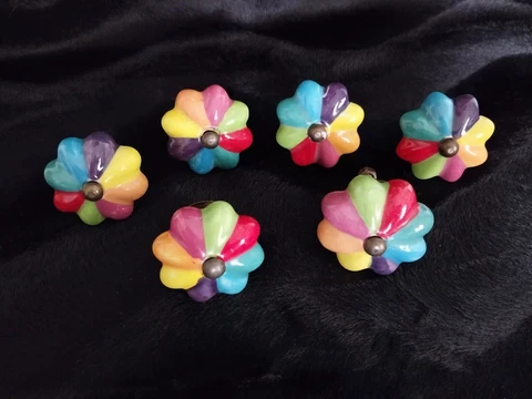 6 vintage dresser/cabinet knobs Multi colored brass posts BOHO Cover