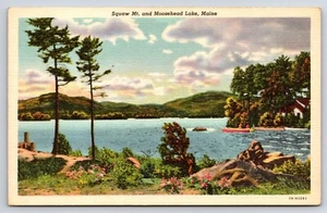 Squaw Mountain and Moosehead Lake, Maine Vtg Linen Postcard Canoe - Picture 1 of 2