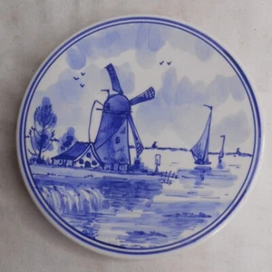 Piatto vintage porcellana decorativo Holland Delft blu mulino a vento olandese largo 6" - Foto 1 di 2