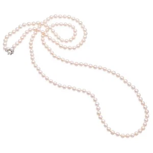 Vintage 13K White Gold Diamond Flower Clasp Pearl Necklace 48 Inches - Picture 1 of 6