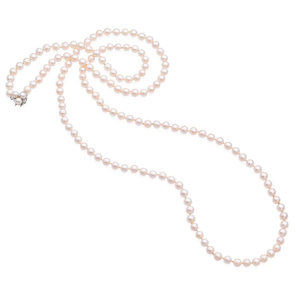 Vintage 13K White Gold Diamond Flower Clasp Pearl Necklace 48 Inches Foto 1 de 1