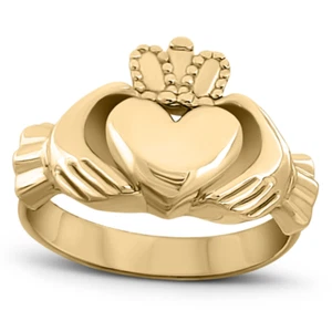 Solid 10K Yellow Gold Claddagh Ring, Large Irish Celtic Band, Heart Hands Ring - Picture 1 of 8