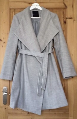 Women’s Light Grey Mid Length Belted Wrap Coat Pockets Size 10 - Image 1 of 4