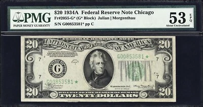 Star Note 1934A $20 Federal Reserve Note Chicago PMG 53 EPQ - Image 1 of 3