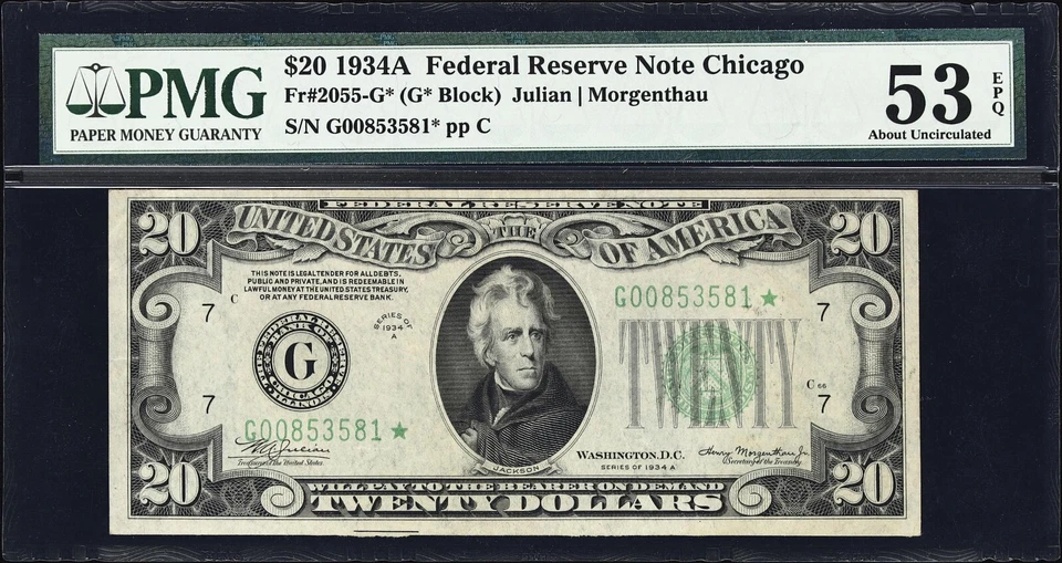 Star Note 1934A $20 Federal Reserve Note Chicago PMG 53 EPQ - Image 1 of 3