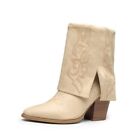  Womens Cowboy Boots, Fold Over Pull On 3.14 Inch Chunky Heel 8 Beige-suede