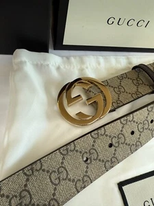 Gucci Gold Buckle GG Monogram Supreme Brown Leather Belt Size 95 cm Fit's 32-34W - Picture 1 of 9