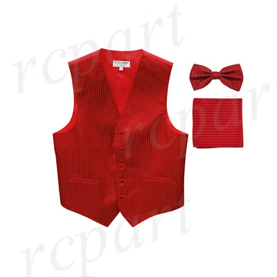 New Men's Formal Vest Tuxedo Waistcoat_bowtie & hankie set stripe wedding red - Image 1 of 4