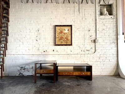 Mesa de centro vintage meados do século queixo Hua Burl laca preta vidro chanfrado - Imagem 1 de 4