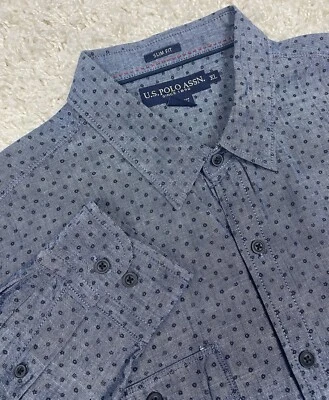 Camisa Polo de Estados Unidos para Hombres XL Delgada Azul Geométrica Con Botones Manga Larga Bolsillo Foto 1 de 4