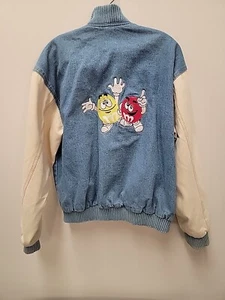 Vintage M&M's Denim Bomber Varsity Jacket Mens M Snap Pocket Blue Beige - Picture 1 of 16