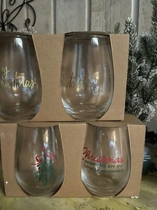 NEW In Box Christmas Stemless Wine Glass - 12 Piece Set. 3 Sets Of Each Design - Picture 1 of 4