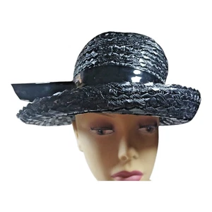Vintage SHARON ORIGINALS Black Plastic Woven Classy Church Sunday Cocktail Hat - Picture 1 of 9