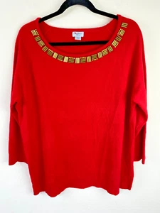 Jaclyn Smith Collection Red Beaded Soft Women's Sweater XL Gold Embellished Neck - Picture 1 of 9