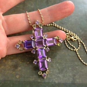 Gepunzt STERLINGSILBER 925 vergoldet großer Multi Edelstein Kreuz Anhänger Halskette 56 cm - Bild 1 von 13
