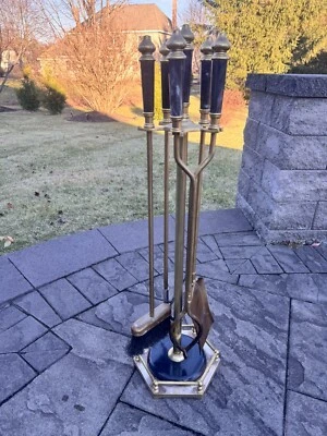 VTG Marble And Heavy Metal 18.3 Lb Solid 5-Pc Fireplace Tool & Stand Set 33.5” - Image 1 of 4