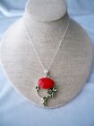 925 Sterling Vintage Red Coral Cabochon & Peridot Gemstones Pendant Necklace